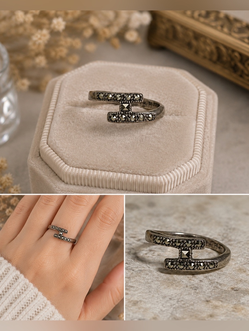 Vintage Marcasite Sterling Silver Open Bar Ring | Size 8